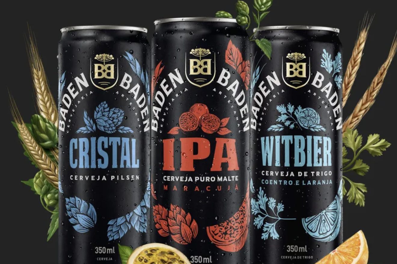 Baden Baden 350ml cans: Cristal, IPA and Witbier with illustrated ingredient labels