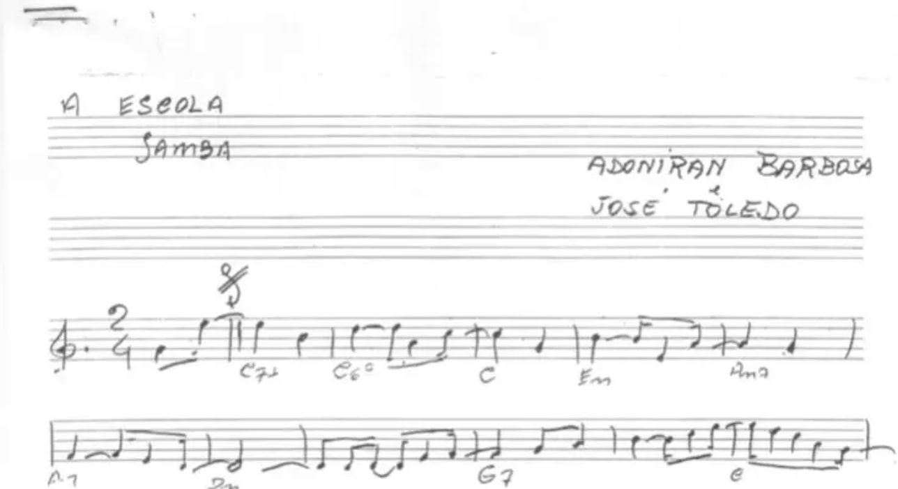 Handwritten sheet music of an unreleased Adoniran Barbosa samba